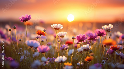 Wide field of wildflowers in summer sunset, panorama blur background. Autumn or summer wildflowers background. Shallow depth of field © ImageHeaven