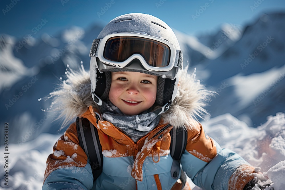 Child skiing in the mountains. Toddler kid in colorful suit and safety helmet learning to ski. Winter sport for family with young children. Kids ski lesson in alpine school. Snow fun for little skier. Child skiing in the mountains. Toddler kid in colorful suit and safety helmet learning to ski. Winter sport for family with young children. Kids ski lesson in alpine school. Snow fun for little skier.