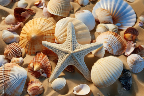 A collection of seashells and beach treasures on a sandy shore. Concept of seaside memories and beachcombing. Generative Ai.