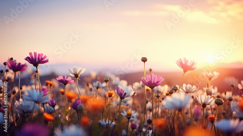 Wide field of wildflowers in summer sunset, panorama blur background. Autumn or summer wildflowers background. Shallow depth of field