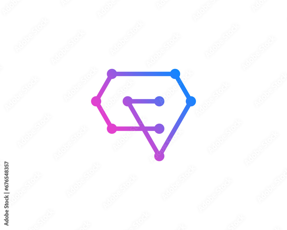 Abstract geometric logo design with connected dots and lines forming a letter F inside a diamond or brain shape in blue and purple gradient color Abstract geometric logo design with connected dots and lines forming a letter F inside a diamond or brain shape in blue and purple gradient color