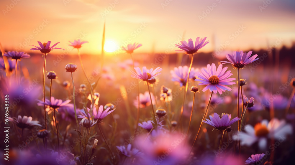 Wide field of wildflowers in summer sunset, panorama blur background. Autumn or summer wildflowers background. Shallow depth of field