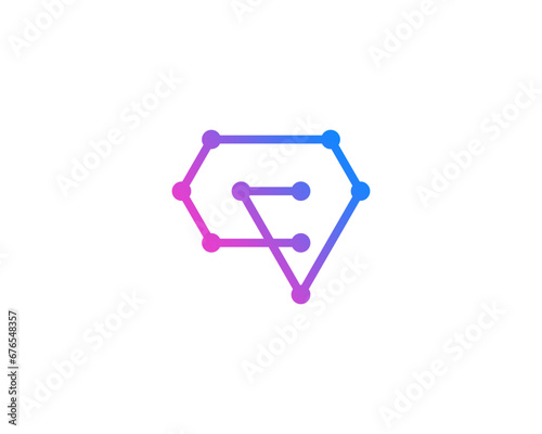 Abstract geometric logo design with connected dots and lines forming a letter F inside a diamond or brain shape in blue and purple gradient color