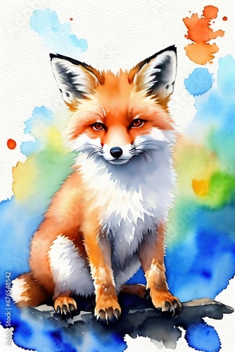 Cute fox , watercolor drawing.