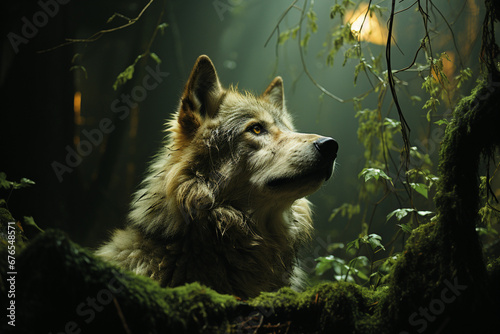 Photo of a wolf against the light, in a forest, at night, only lit by the full moon created with Generative Ai