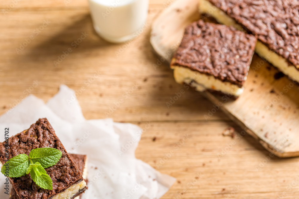 Fototapeta premium Cheese cake. Homemade cheesecake with mint for dessert