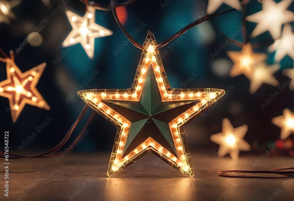 Decoration with a Christmas star on a bokeh background. Christmas background. Garland of Christmas glowing stars.