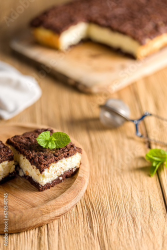 Cheese cake. Homemade cheesecake with mint for dessert