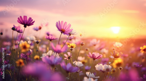 Wide field of wildflowers in summer sunset, panorama blur background. Autumn or summer wildflowers background. Shallow depth of field © ImageHeaven