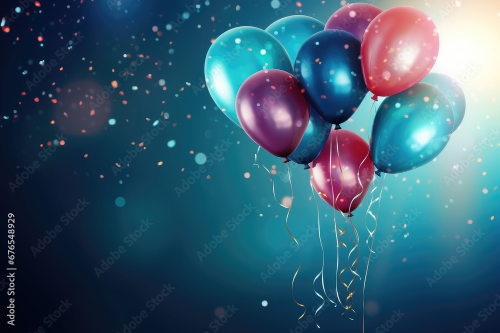 Bright helium balloons and confetti, ideal for a celebratory postcard. Bright helium balloons and confetti, ideal for a celebratory postcard.