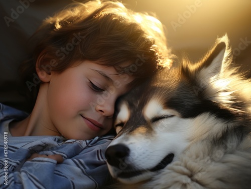 Baby boy hugs dog with her eyes closed in the warm rays of the sun, AI © Vitalii But