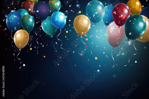 Bright helium balloons and confetti  ideal for a celebratory postcard.