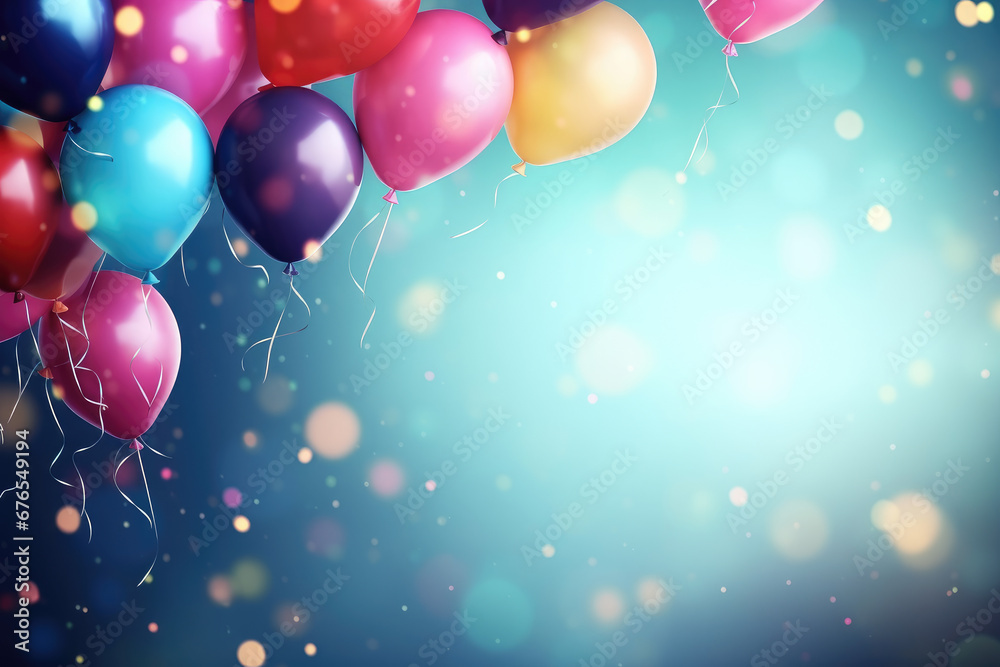 This image features vibrant helium balloons with confetti, perfect for a festive postcard template.