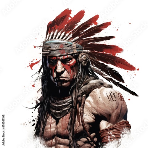 American Indian chief, cherokee, muscular, front, white background, comic style. Native american indian portrait, red indian cartoon. Suitable for t-shirt design photo