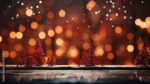 Christmas tree decorated glow and shining landscape with bright balls bubbles and blur red background AI generated © S-Rika