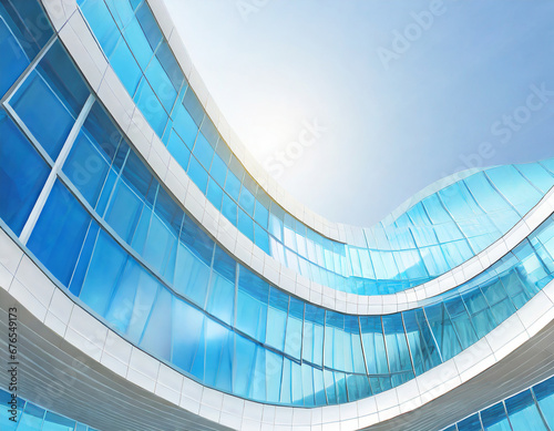 Low angle view of futuristic architecture, Skyscraper of office building with curve glass window, 3D rendering.