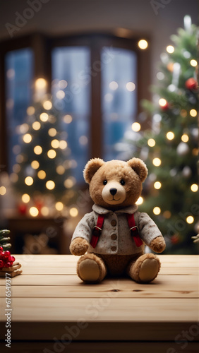 Embrace the festive spirit with this inviting in-house interior featuring a warm wooden floor adorned with a delightful Christmas setup and a charming Teddy bear. Generated Ai