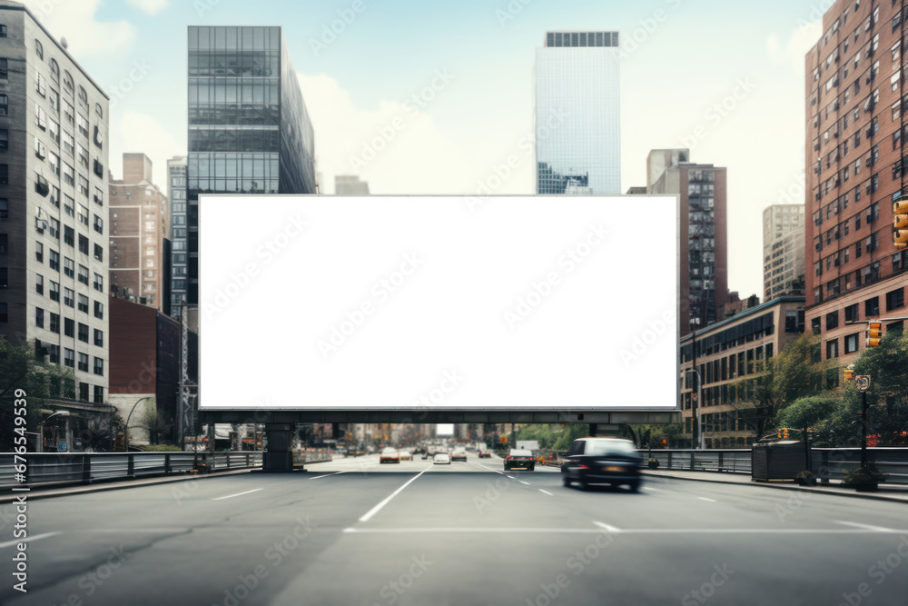 A blank billboard towering over a city street. Concept of advertising and promotion. Generative Ai. A blank billboard towering over a city street. Concept of advertising and promotion. Generative Ai.