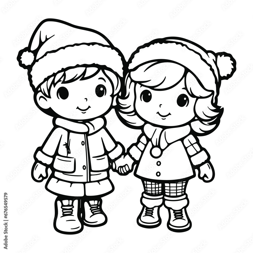 cute children celebrating Christmas, children's book illustrations coloring page for kids