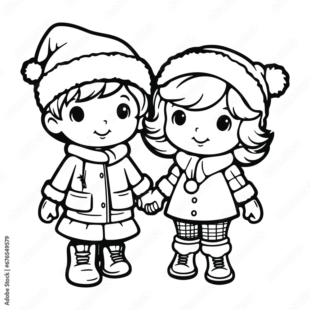 cute children celebrating Christmas, children's book illustrations coloring page for kids cute children celebrating Christmas, children's book illustrations coloring page for kids