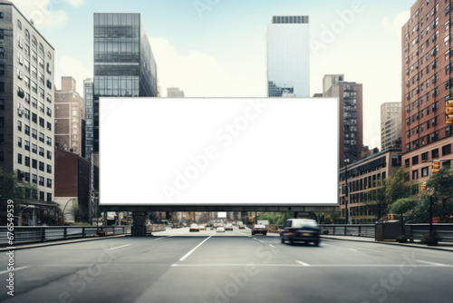 A blank billboard towering over a city street. Concept of advertising and promotion. Generative Ai. © Sebastian