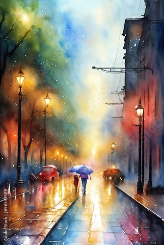 Rainy cityscape. Watercolor drawing.