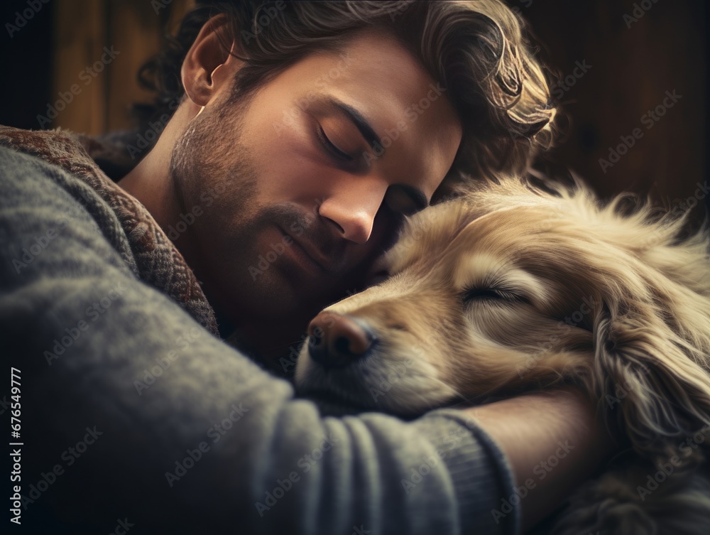Man hugs dog with her eyes closed in the warm rays of the sun, AI