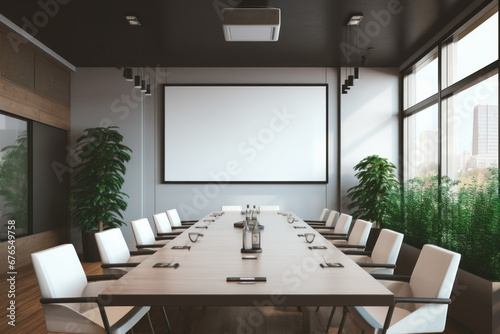 A conference room with a projection blank screen, a presentation mock-up. Concept of business presentations. Generative Ai.
