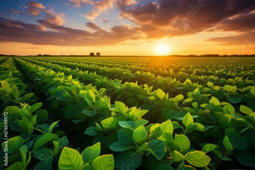 Vibrant soybean field radiating eco-awareness. Generative AI