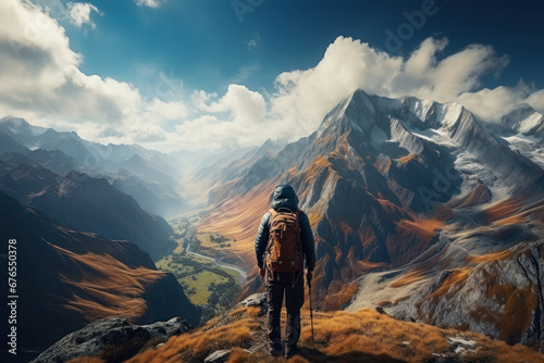 A hiker gazing at a breathtaking mountain vista at the summit. Concept of outdoor exploration and achievement. Generative Ai.