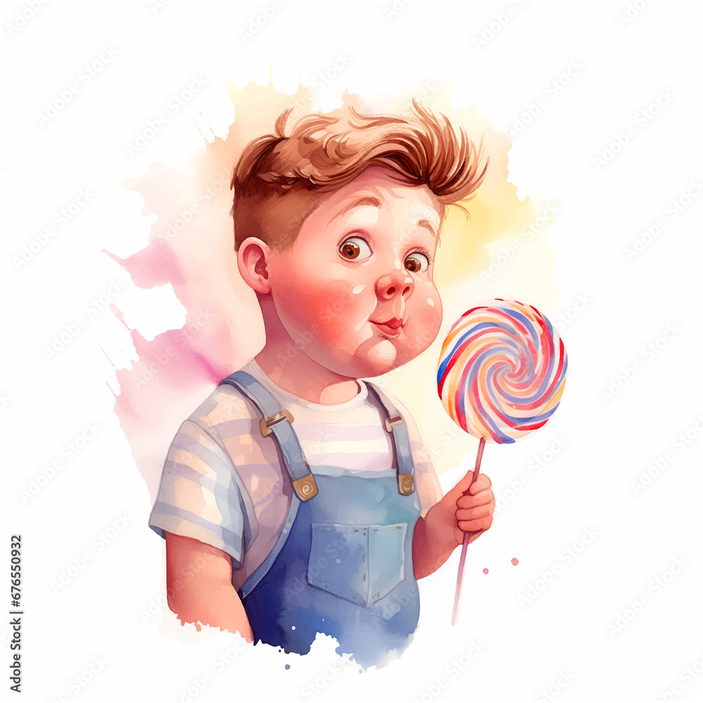 Little boy with a lollipop watercolor paint
