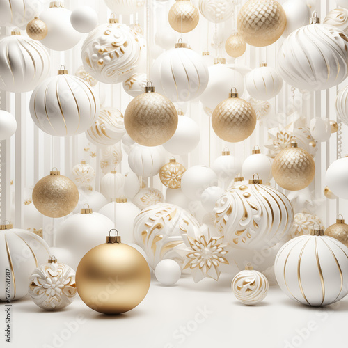 3d render. Winter holiday wallpaper. Festive white and gold Christmas ornaments and baubles