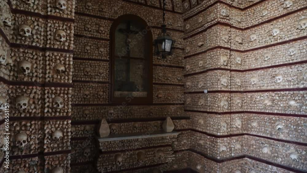 Details of the Capela dos Ossos inside the Church of Carmo in Faro. Algarve Portugal. Panoramic movement