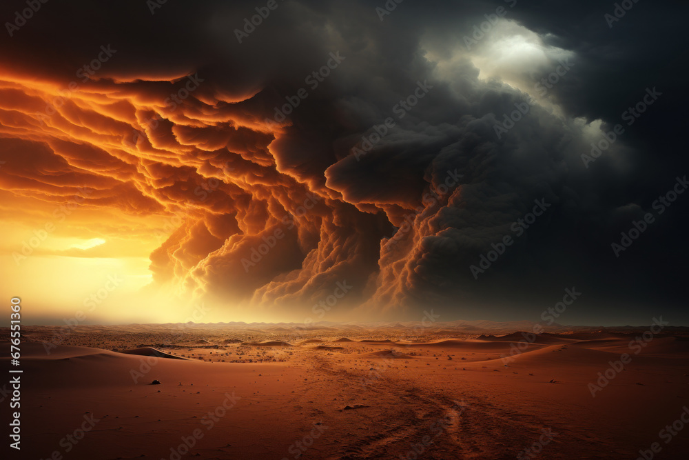 A dramatic thunderstorm brewing over a desolate desert landscape, conveying the power and grandeur of nature. Generative Ai.