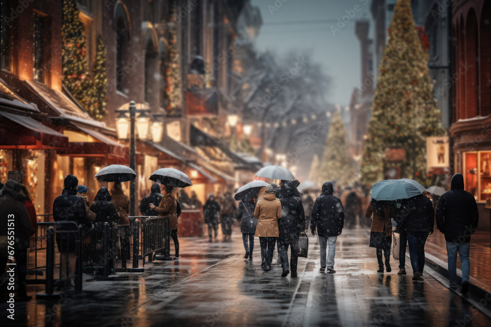 A bustling city street adorned with holiday lights, festive store displays, and shoppers carrying bags of Christmas gifts, capturing the urban excitement of the season. Generative Ai.