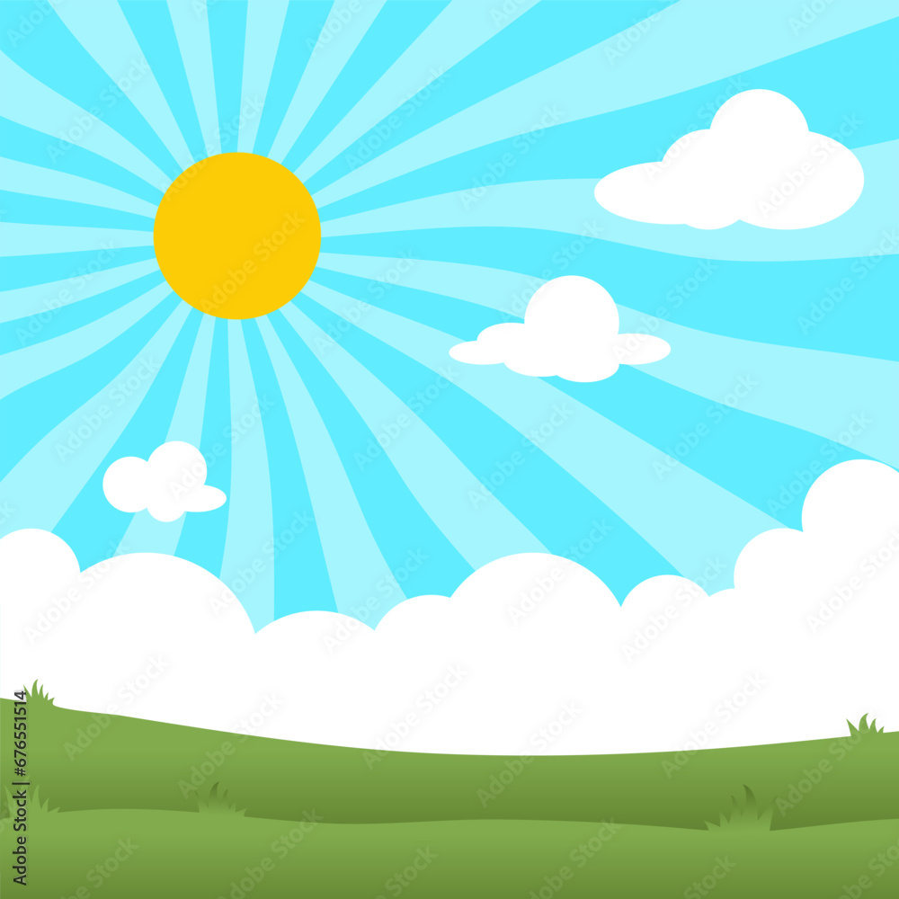 Summer landscape scene with sun and rays on blue sky with clouds and green grass flat cartoon style. Background for empty clearing template. Design for banner, invitation, card, website Summer landscape scene with sun and rays on blue sky with clouds and green grass flat cartoon style. Background for empty clearing template. Design for banner, invitation, card, website