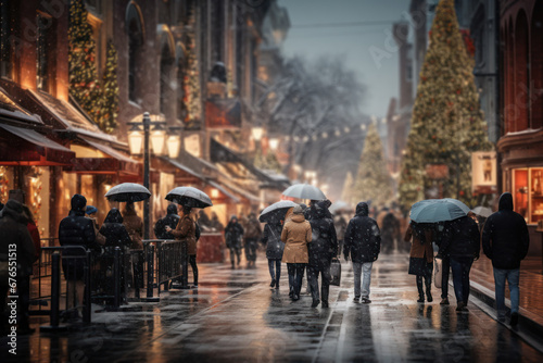 A bustling city street adorned with holiday lights, festive store displays, and shoppers carrying bags of Christmas gifts, capturing the urban excitement of the season. Generative Ai.