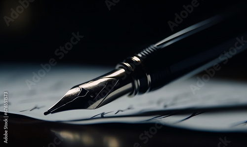 An Elegant Fountain Pen Resting Gracefully on a Blank Sheet of Paper photo