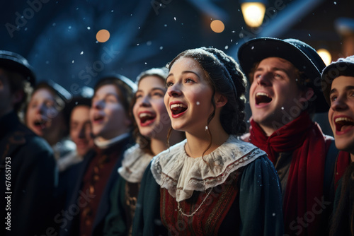 A joyful group of carolers singing classic Christmas songs under a starry night sky, spreading the joy of the season through music. Generative Ai.