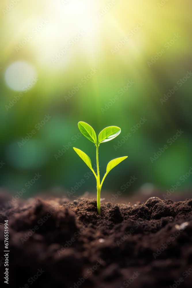 Green sprout in the ground, with green blurred bokeh background, with space for text Green sprout in the ground, with green blurred bokeh background, with space for text