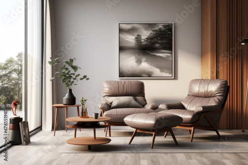 Scandinavian apartment interior with a dark blue sofa and recliner chair, showcasing modern living room design. Generative Ai.