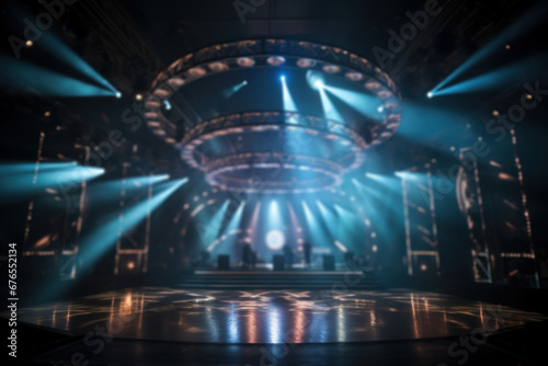 Stage production set with a circular light truss in a live venue, reflecting the world of entertainment and live music performances. Generative Ai.