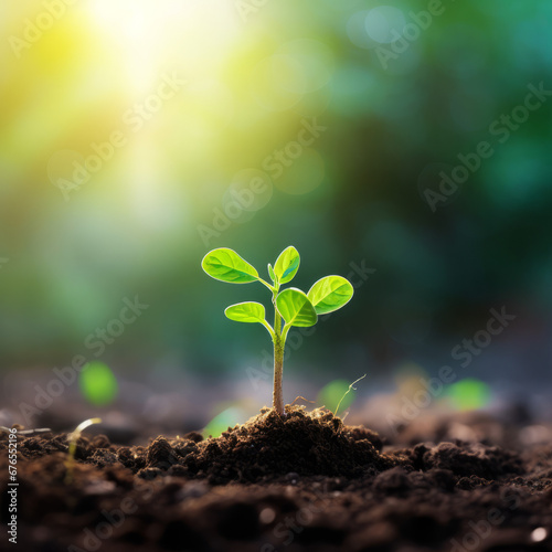 Green sprout in the ground  with green blurred bokeh background  with space for text
