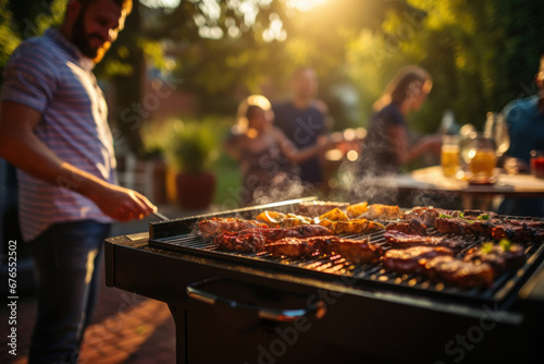 A joyful Labor Day celebration with friends grilling meat on a barbecue. Generative Ai.