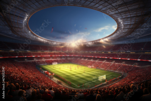 An inside view of a soccer stadium filled with enthusiastic fans and spectators celebrating. Generative Ai. © Sebastian