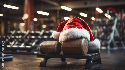 Santa Claus hat in the gym on Christmas day