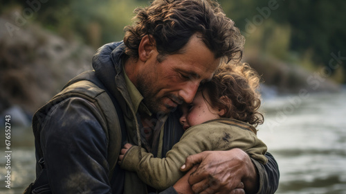 A small child in dirty clothes in the arms of his father outdoors. Concept of refugees running away from war