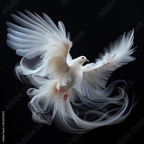 White dove with long fluttering feathers opened its wings on a black background, a beautiful fairytale bird, unusual wallpaper