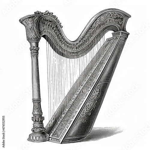 Harp, musical instrument, classical music, vintage retro black and white drawing, engraving style