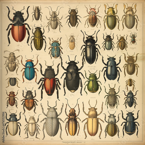 Page of an antique retro book of insect beetles identification book, drawing engraving style © Dmitry